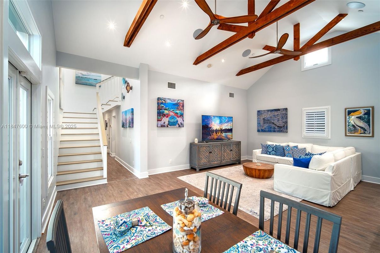 Dining room, Interior, Living room, Recessed Lighting, Wooden Beams, Wood Texture Flooring