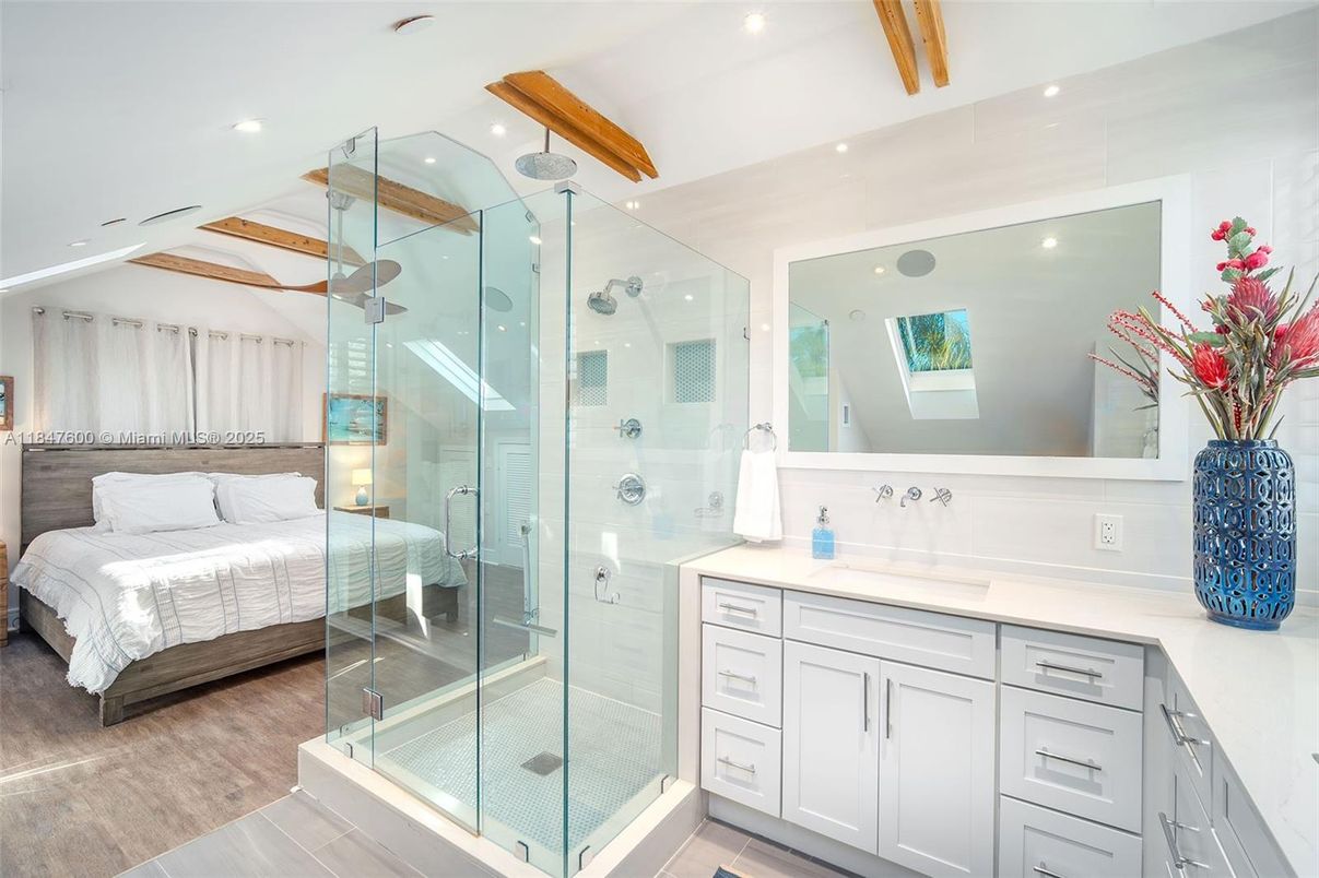 Bathroom, Bedroom, Glass Shower, Interior, Recessed Lighting, Wooden Beams, Wood Texture Flooring