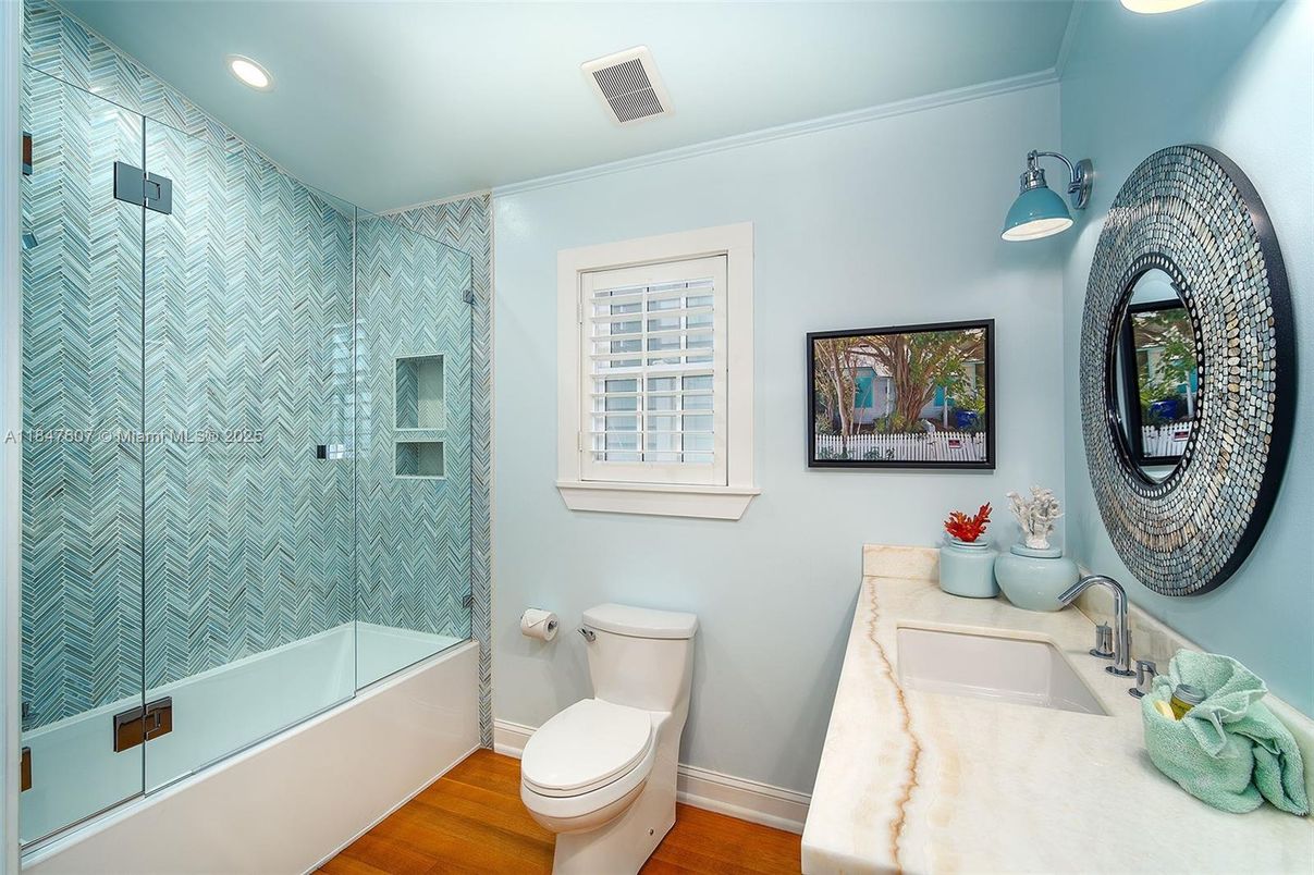 Bathroom, Glass Shower, Interior, Recessed Lighting, Wood Texture Flooring