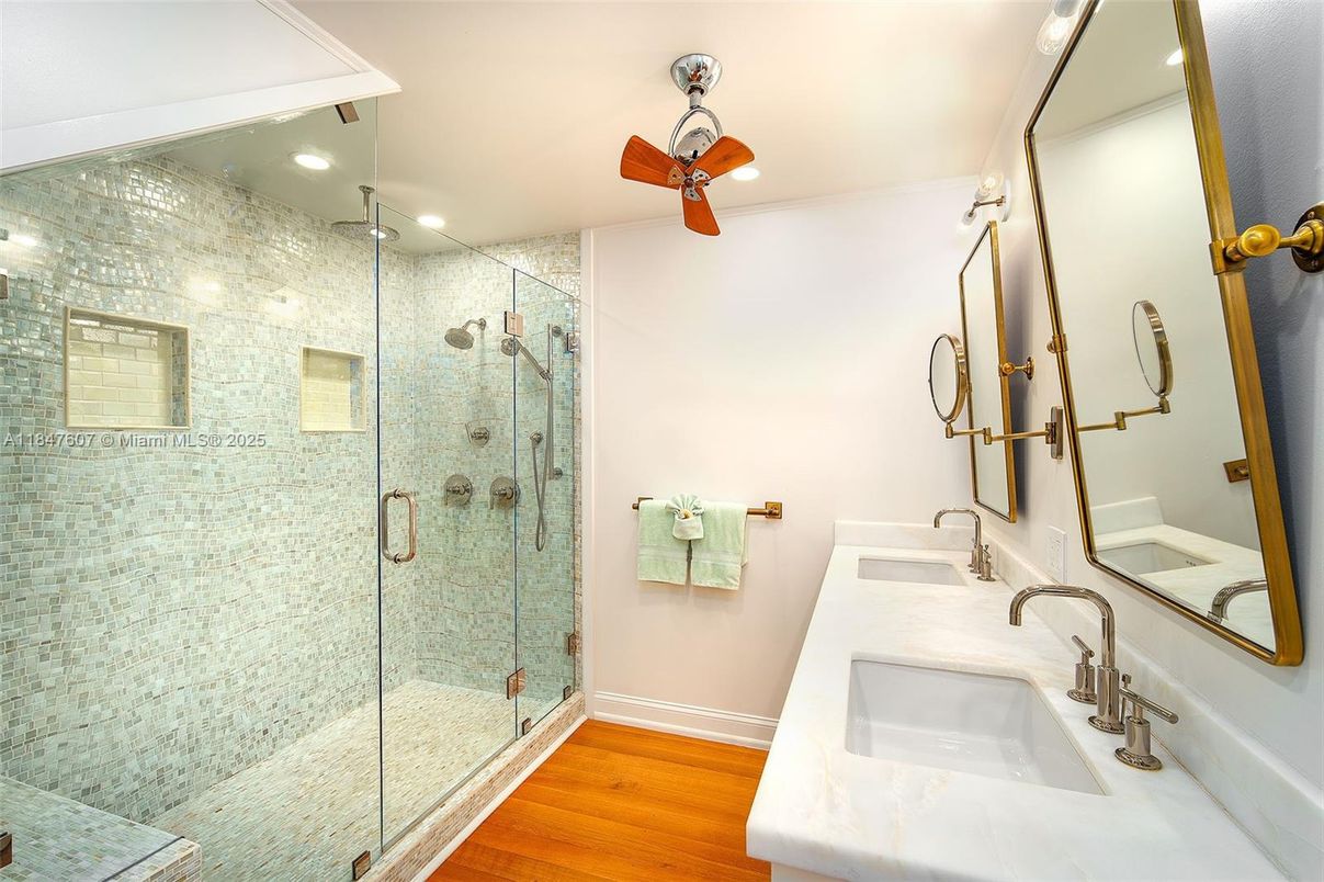 Bathroom, Glass Shower, Interior, Recessed Lighting, Wood Texture Flooring