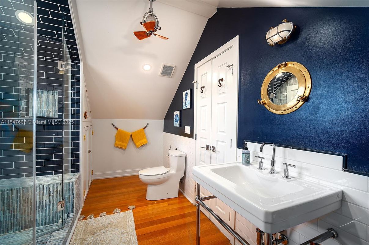Bathroom, Glass Shower, Interior, Recessed Lighting, Wood Texture Flooring