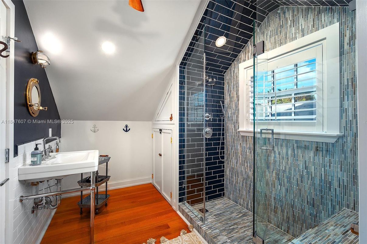 Bathroom, Glass Shower, Interior, Recessed Lighting, Wood Texture Flooring