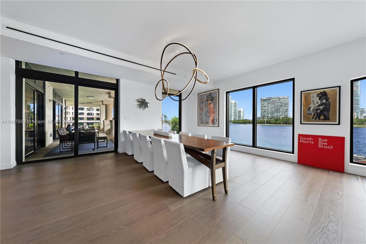 Dining room, Interior, Pendant Lights, Water, Wood Texture Flooring
