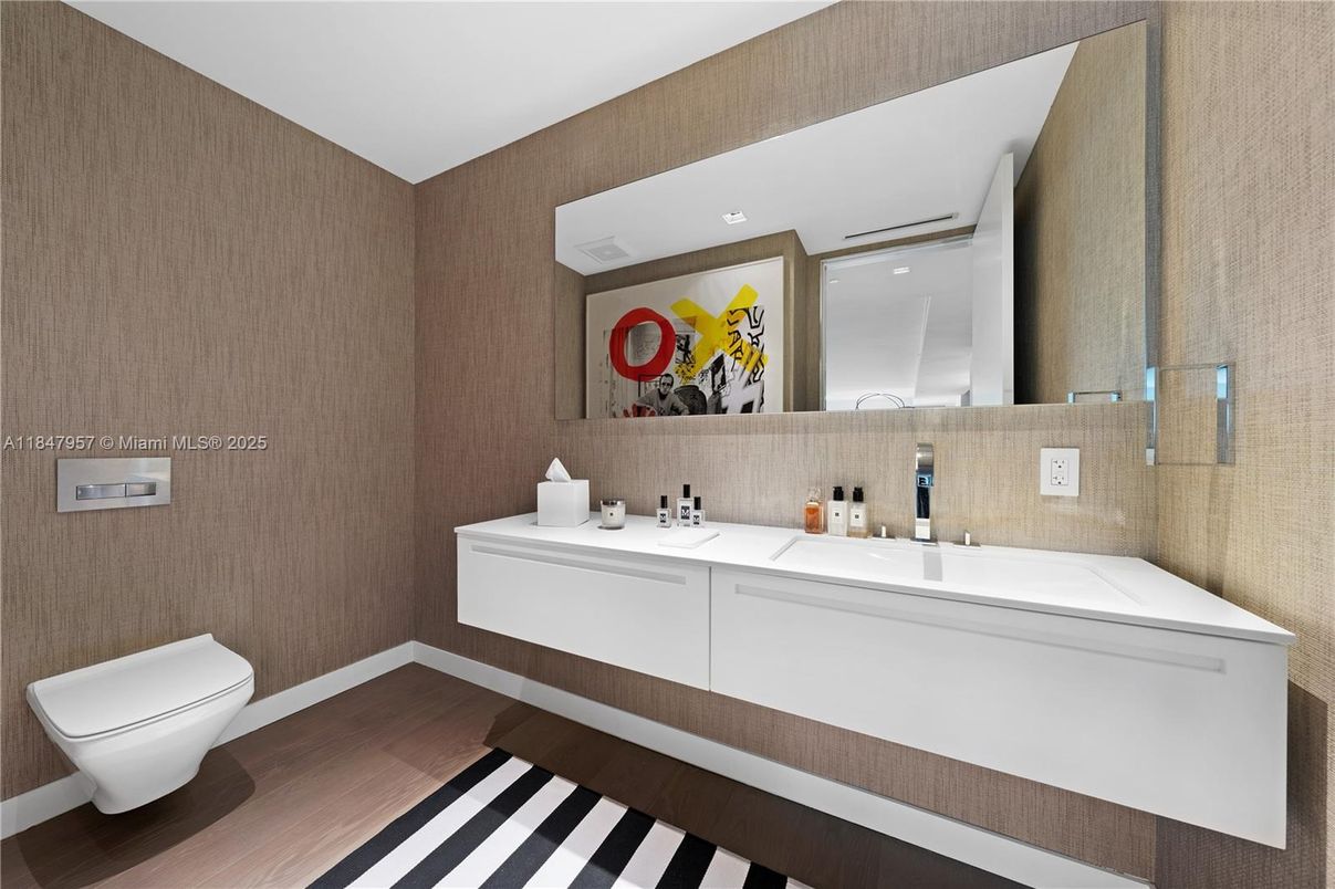 Bathroom, Dual Sink Vanities, Interior, Recessed Lighting, Wood Texture Flooring
