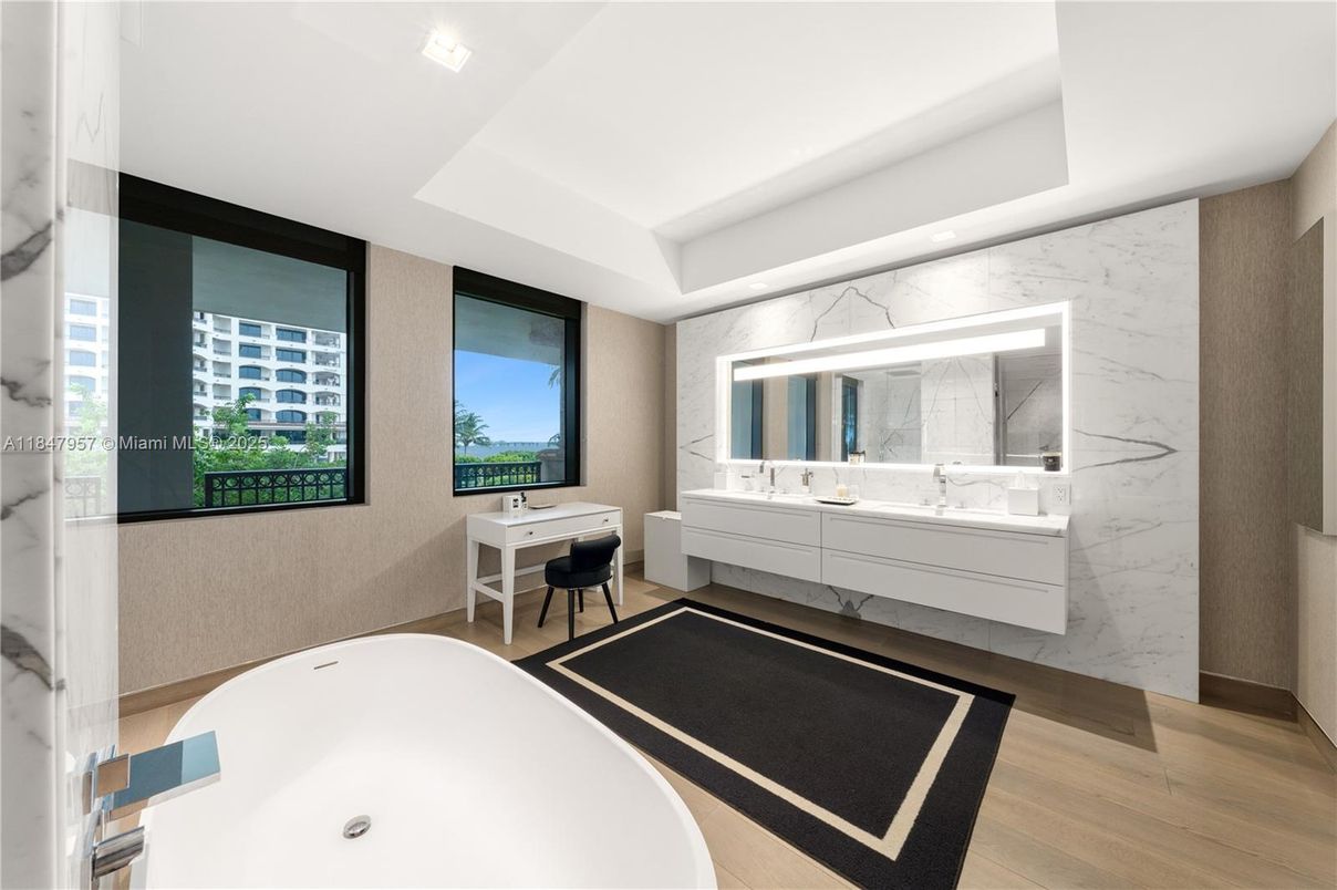 Bathroom, Interior, Marble Walls, Wood Texture Flooring