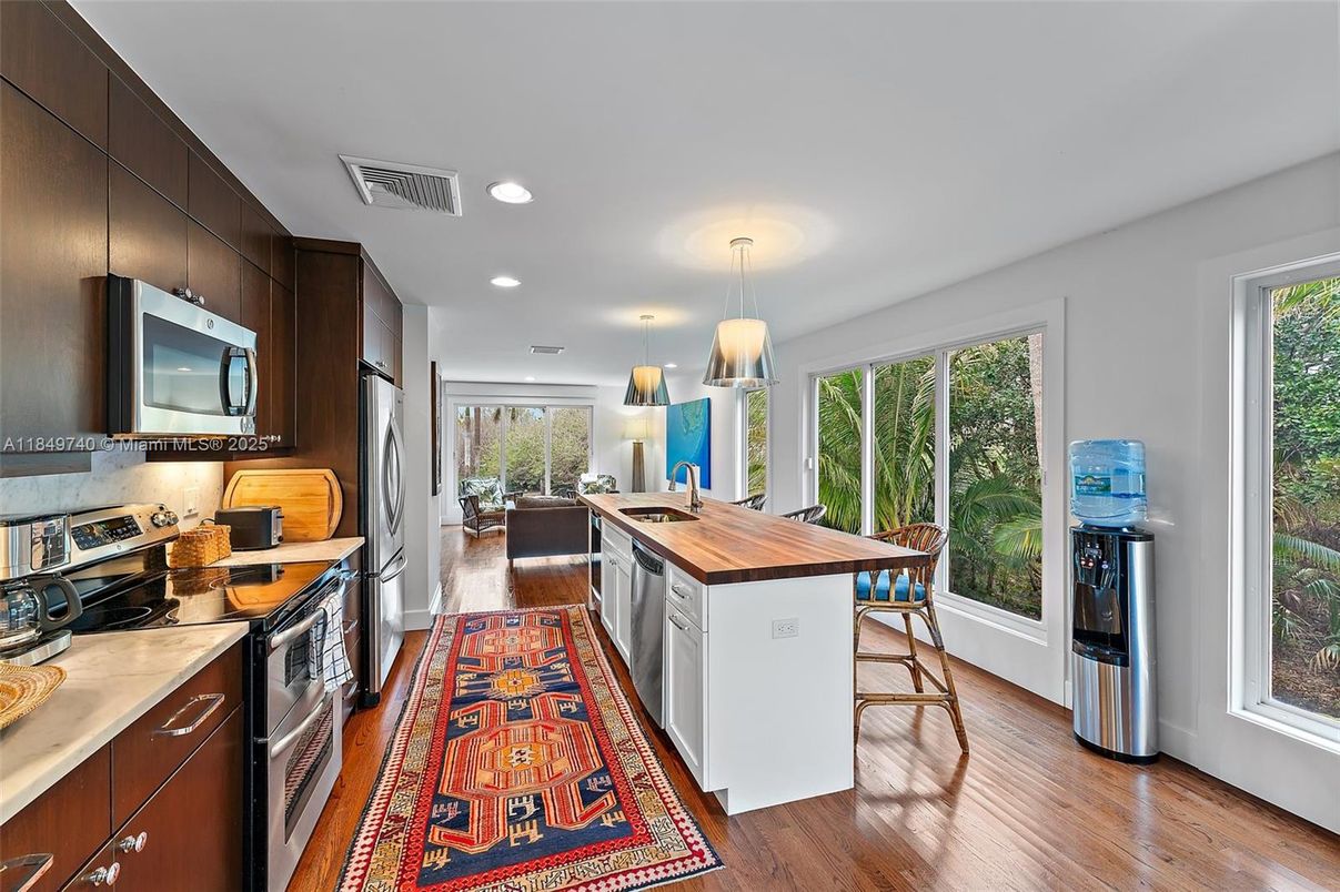 Interior, Kitchen, Pendant Lights, Recessed Lighting, Stainless Steel Appliances, Wood Texture Flooring