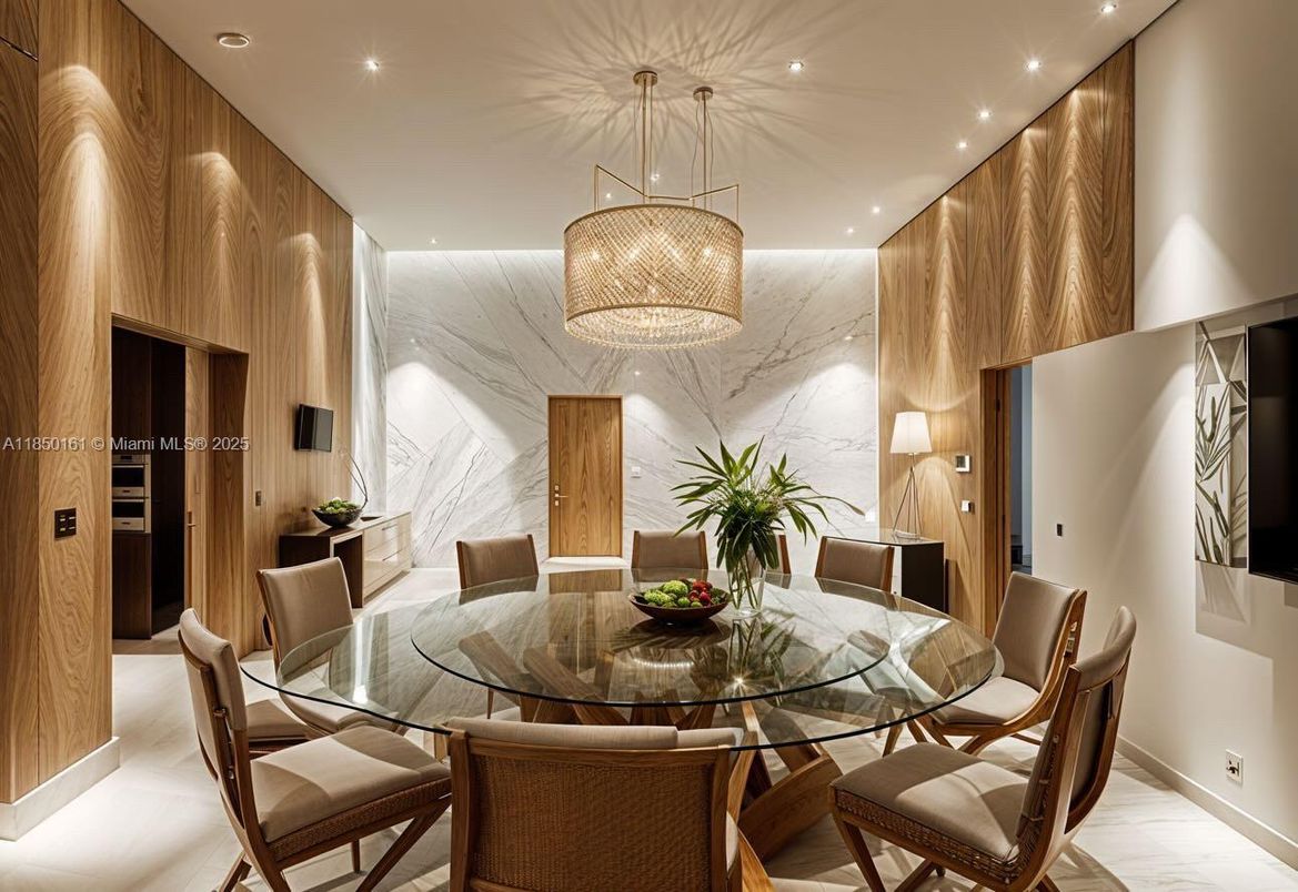 Chandelier, Dining room, Interior, Marble Walls, Recessed Lighting