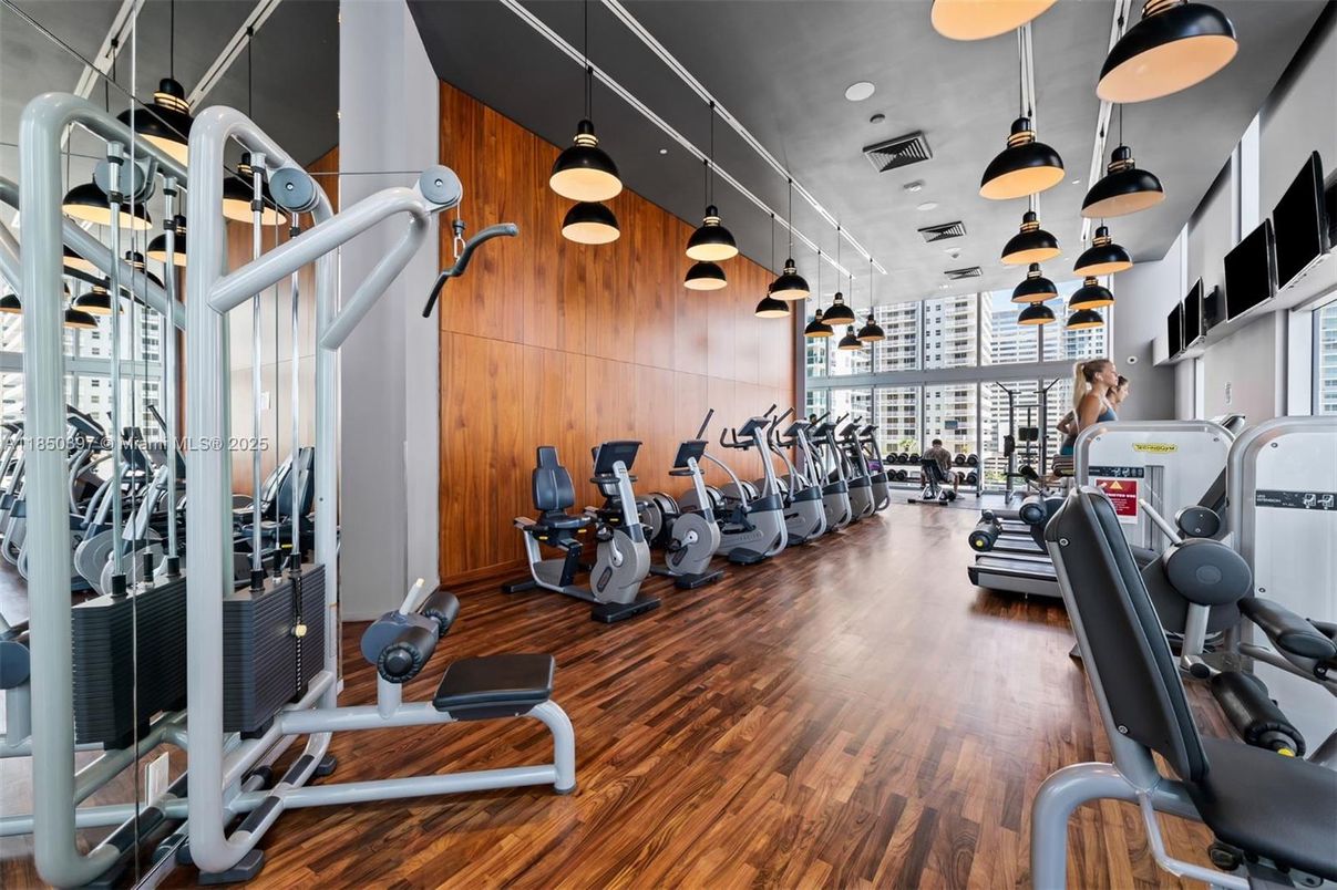 Fitness Equipment, Gym, Interior, Pendant Lights, Wood Texture Flooring