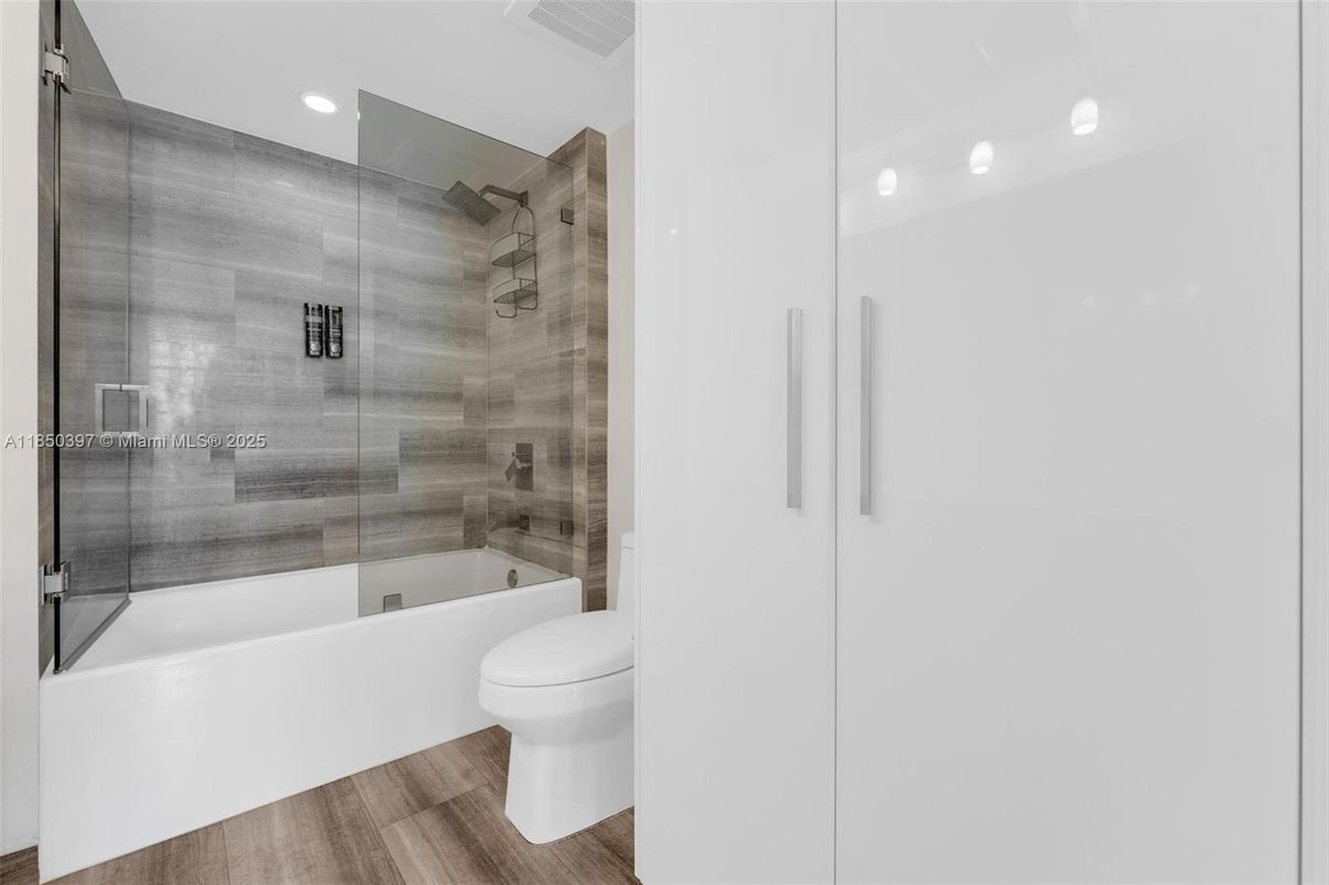 Bathroom, Glass Shower, Interior, Recessed Lighting, Wood Texture Flooring