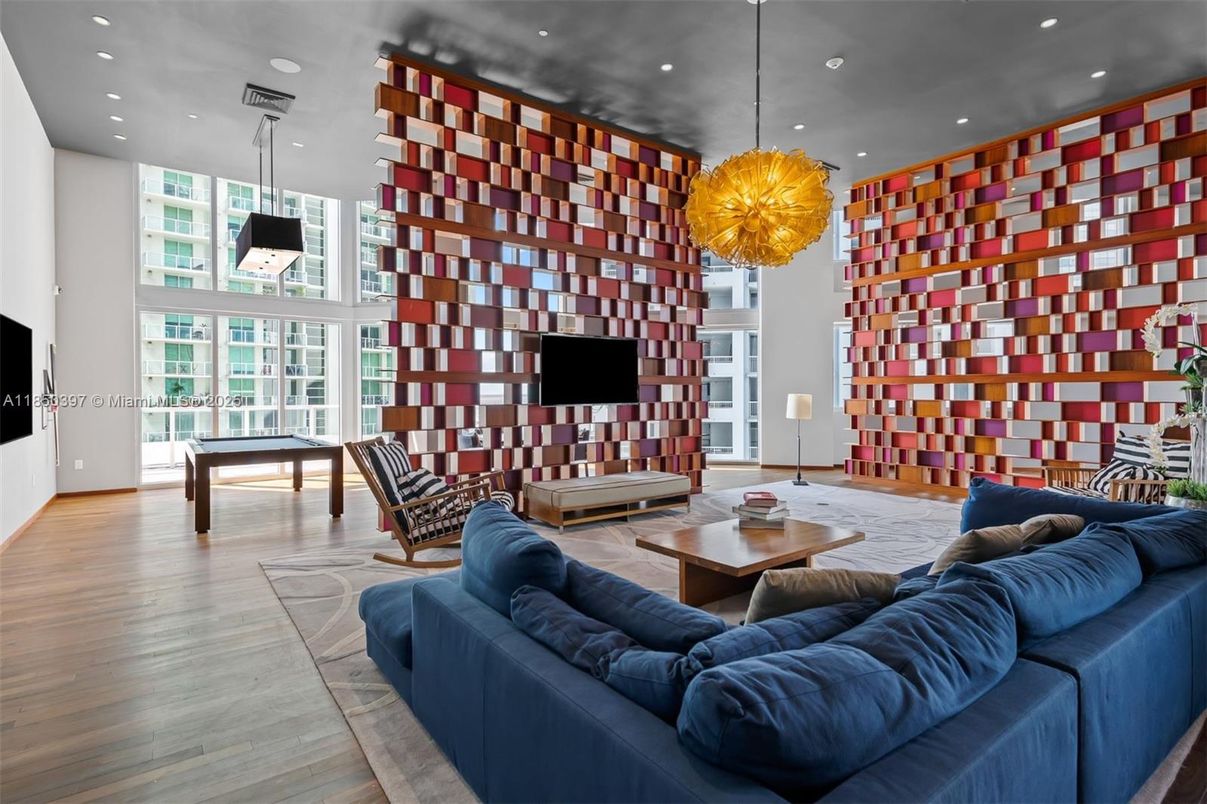 Game Room, Interior, Living room, Pendant Lights, Recessed Lighting, Wood Texture Flooring