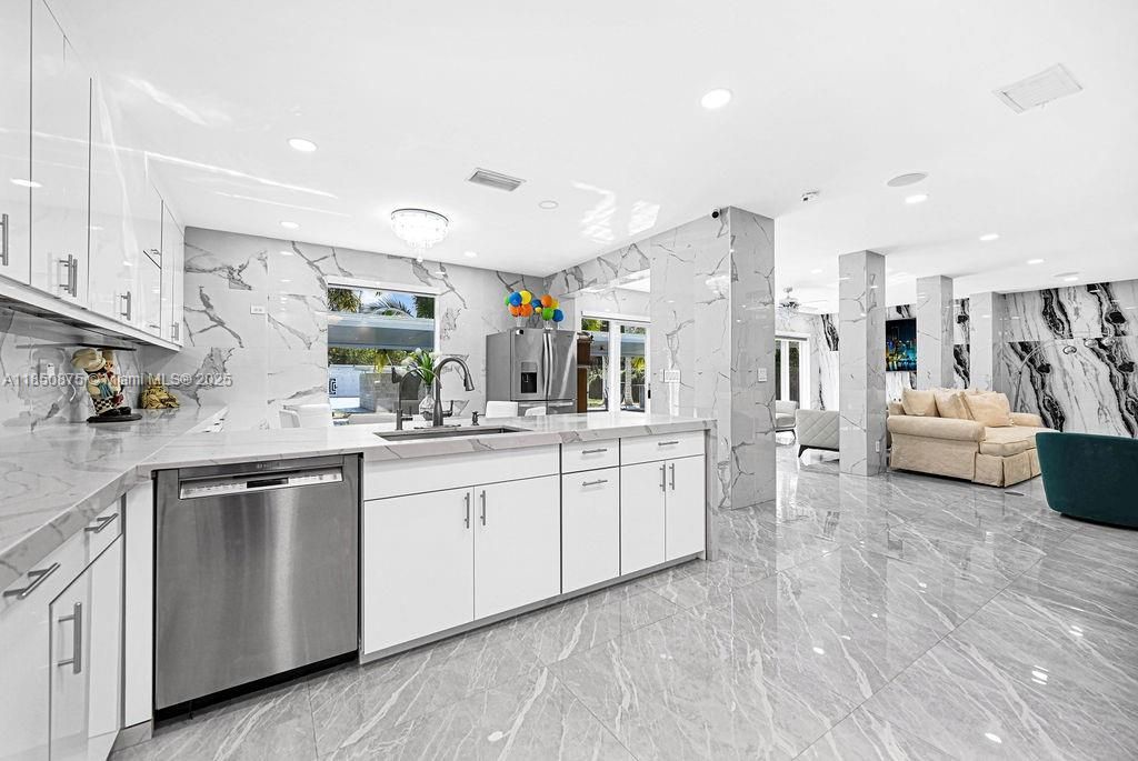 Interior, Kitchen, Marble, Marble Walls, Recessed Lighting, Stainless Steel Appliances