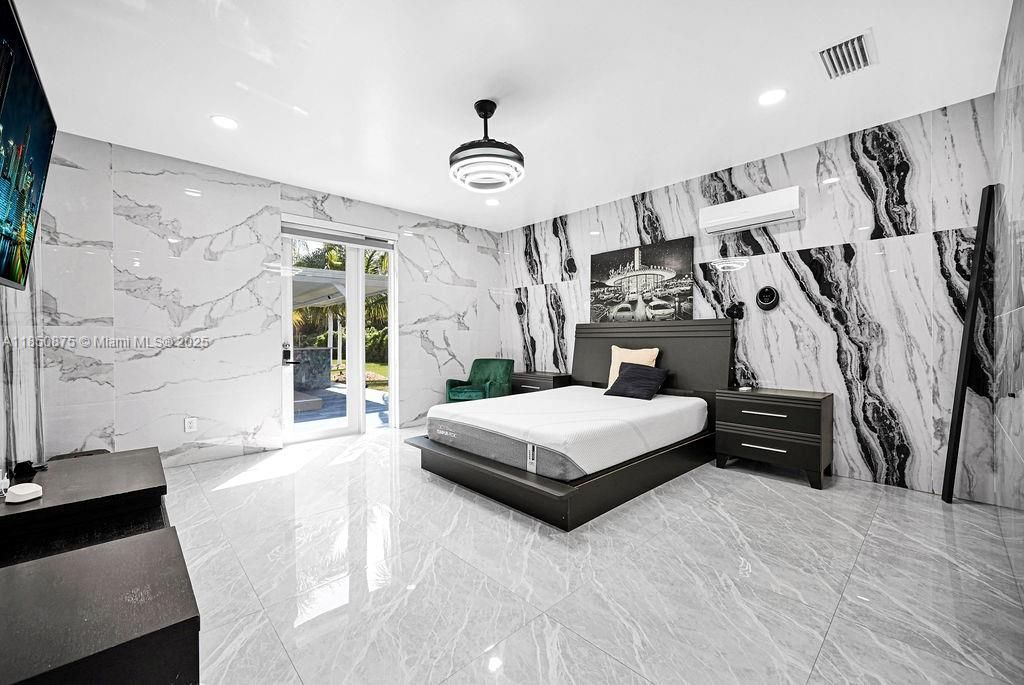 Bedroom, Interior, Marble Walls, Recessed Lighting