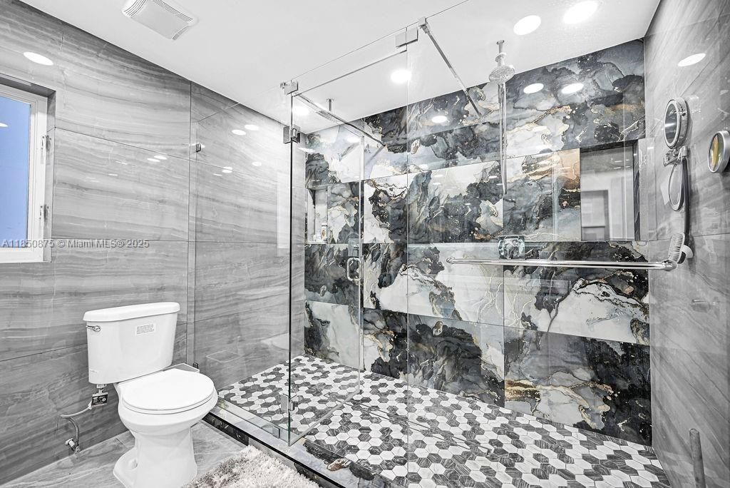 Bathroom, Glass Shower, Interior, Marble Walls, Recessed Lighting