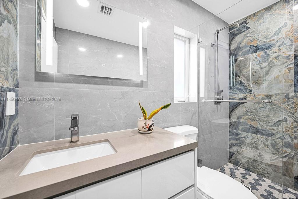 Bathroom, Glass Shower, Interior, Marble Walls, Recessed Lighting