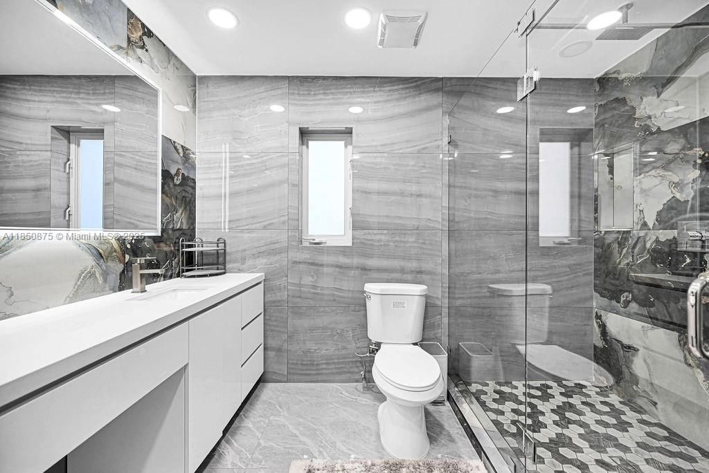 Bathroom, Glass Shower, Interior, Marble Walls, Recessed Lighting