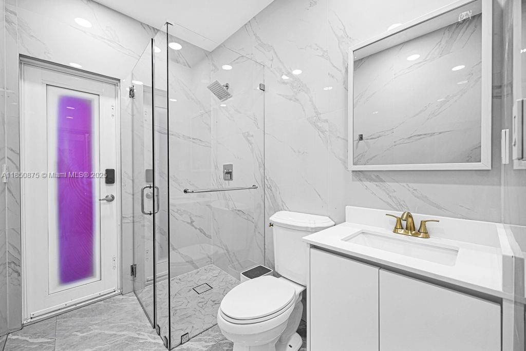 Bathroom, Glass Shower, Interior, Marble Walls, Recessed Lighting