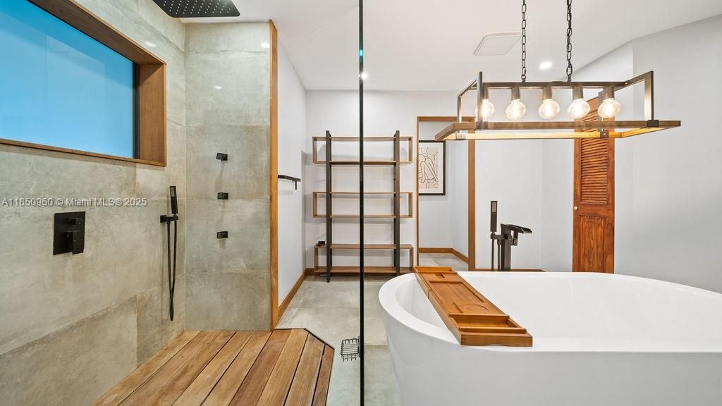 Bathroom, Free Standing Baths, Glass Shower, Interior, Recessed Lighting, Wood Texture Flooring