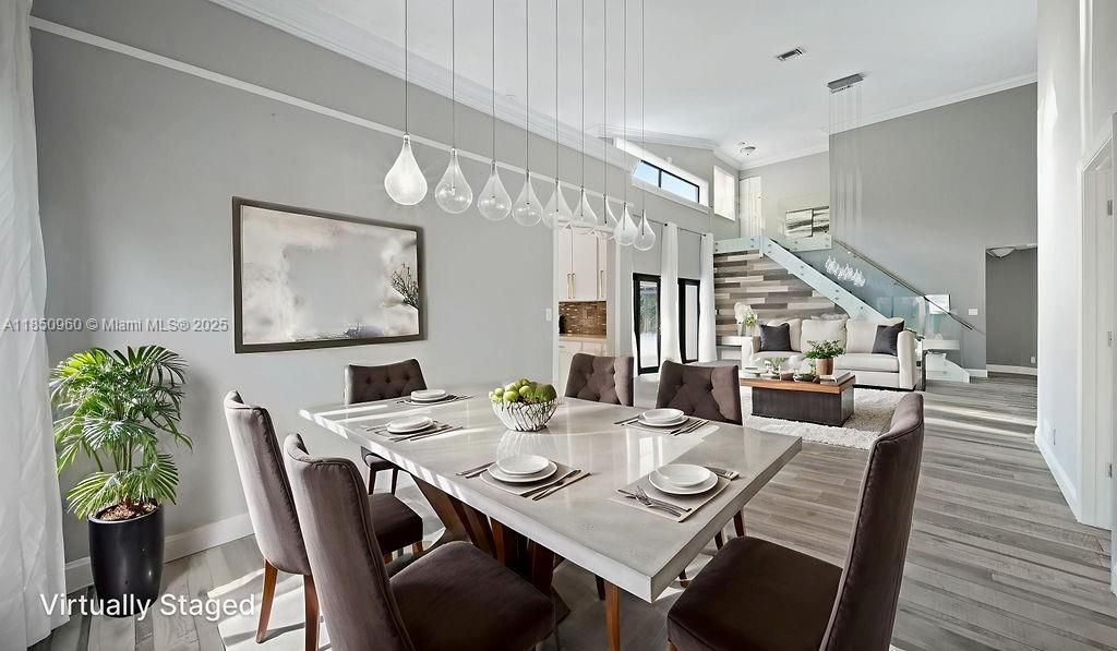 Dining room, Interior, Living room, Pendant Lights, Wood Texture Flooring