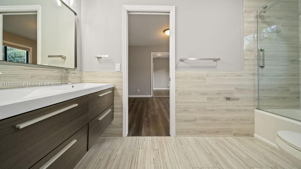 Bathroom, Glass Shower, Interior, Wood Texture Flooring