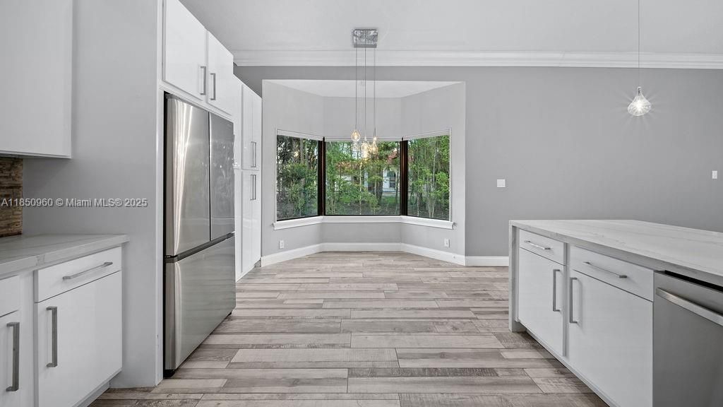 Interior, Kitchen, Pendant Lights, Stainless Steel Appliances, Wood Texture Flooring