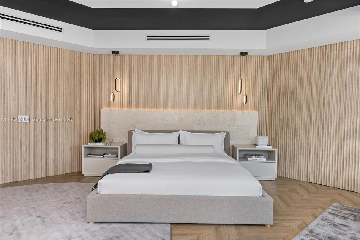Bedroom, Interior, Pendant Lights, Wood Texture Flooring