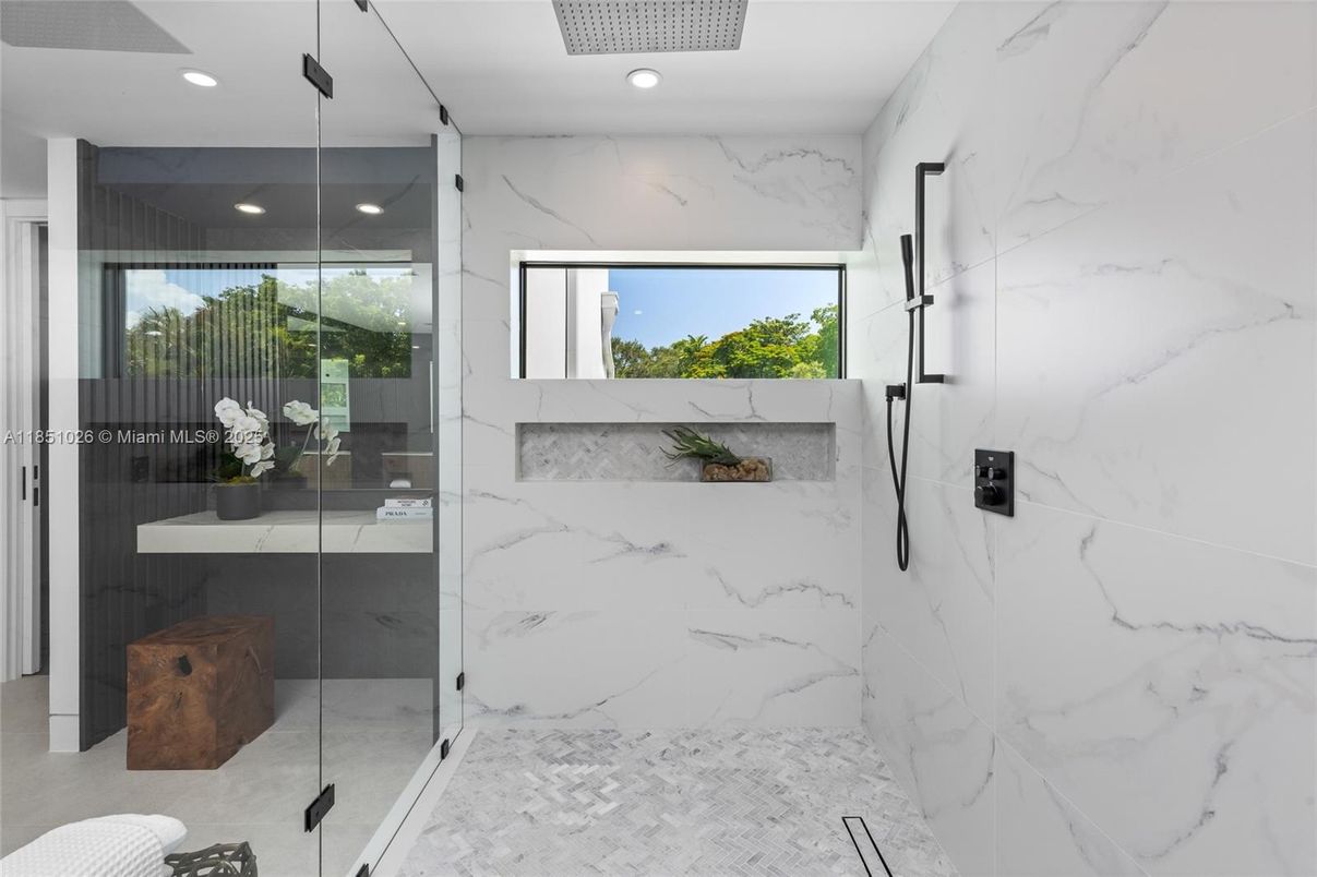 Bathroom, Glass Shower, Interior, Marble, Marble Walls, Recessed Lighting