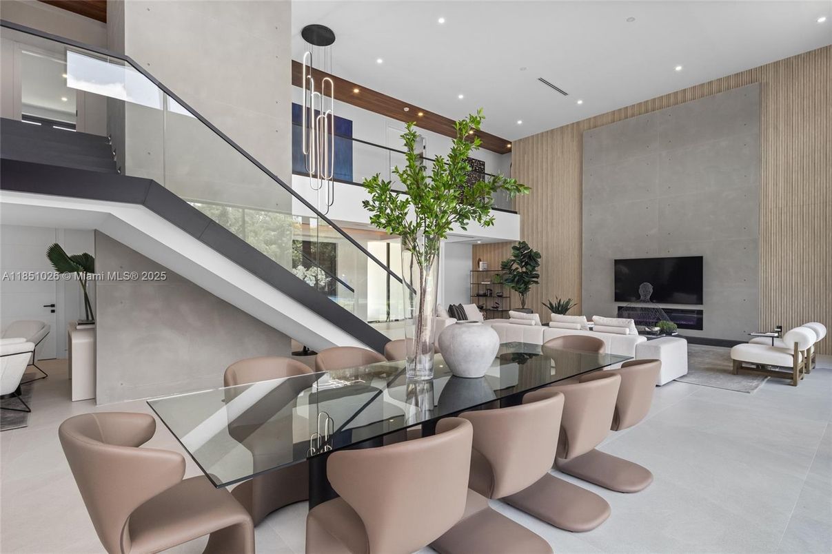 Dining room, Fireplace, Interior, Living room, Pendant Lights, Recessed Lighting