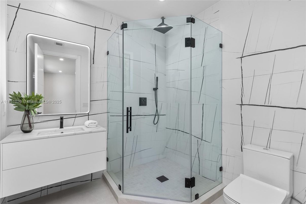 Bathroom, Glass Shower, Interior, Marble Walls, Recessed Lighting