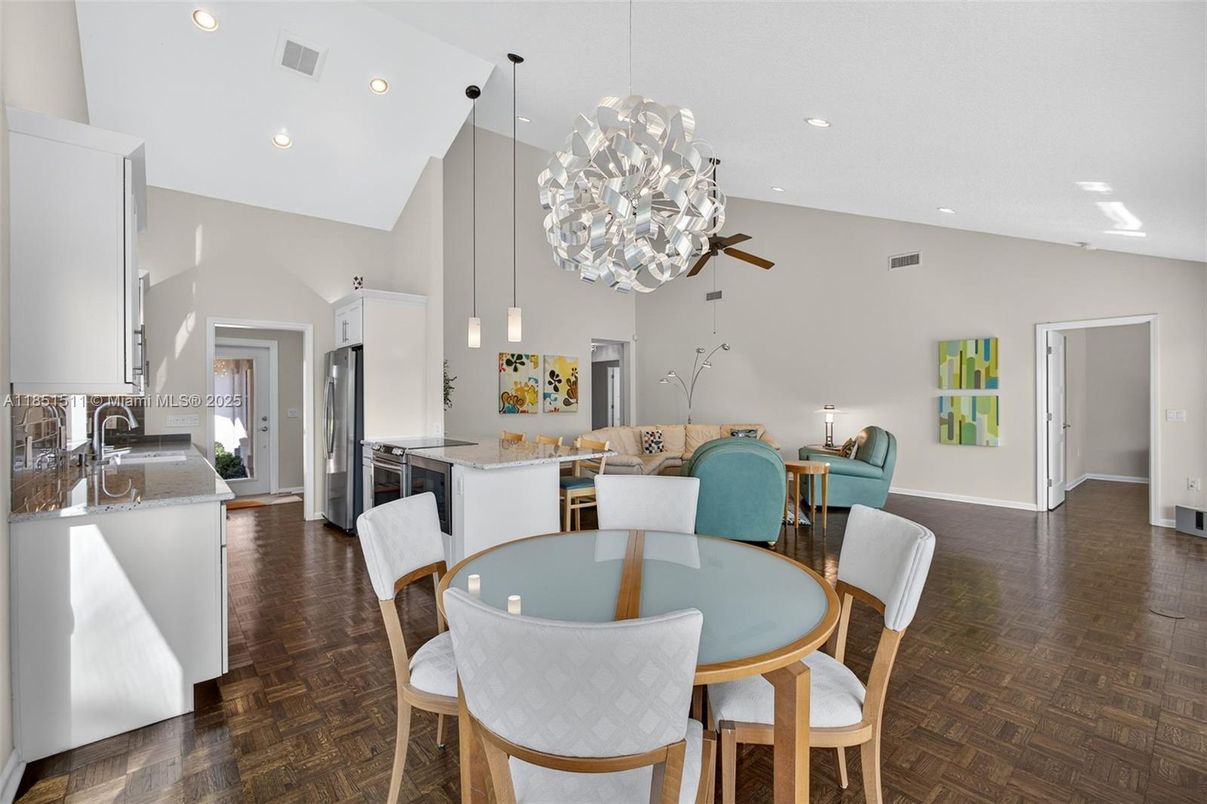 Dining room, Interior, Kitchen, Living room, Pendant Lights, Recessed Lighting, Wood Texture Flooring