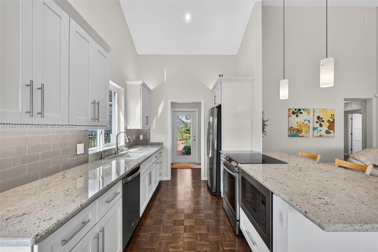 Interior, Kitchen, Pendant Lights, Recessed Lighting, Stainless Steel Appliances, Wood Texture Flooring