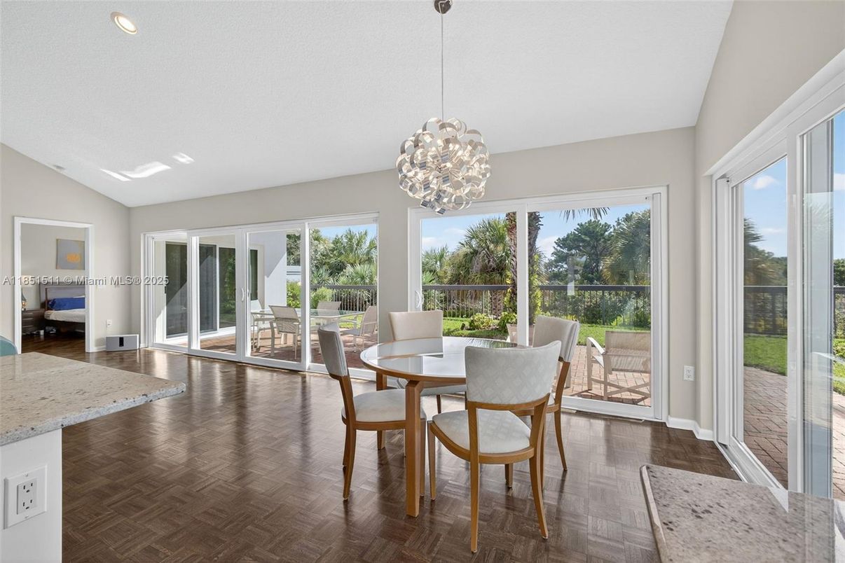 Dining room, Interior, Pendant Lights, Recessed Lighting, Wood Texture Flooring