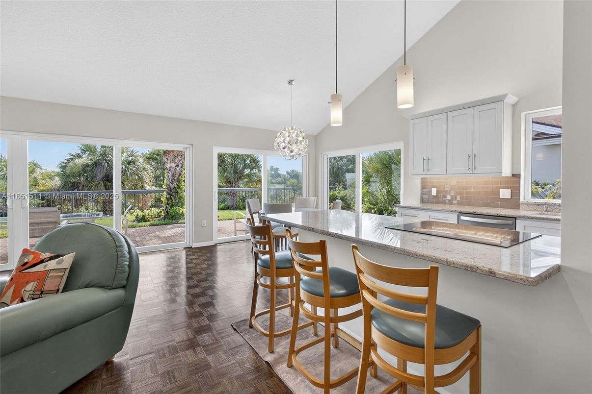 Dining room, Interior, Kitchen, Pendant Lights, Wood Texture Flooring