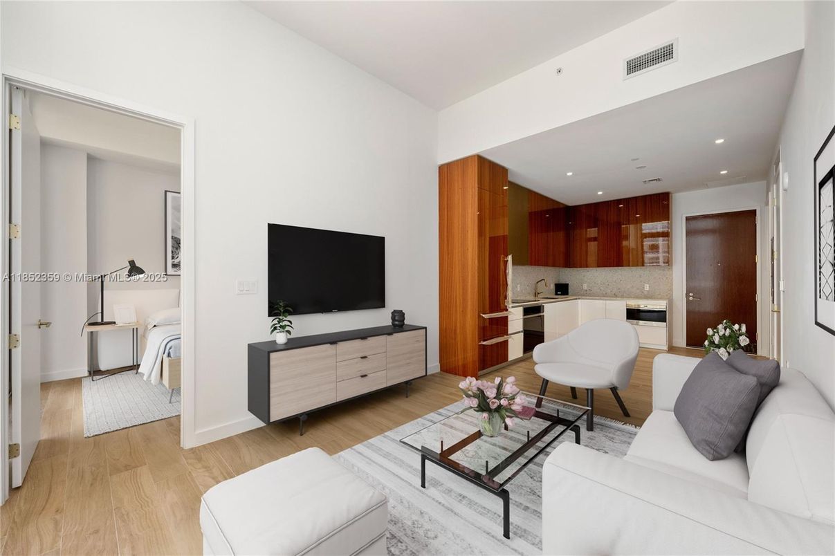 Interior, Kitchen, Living room, Recessed Lighting, Stainless Steel Appliances, Wood Texture Flooring