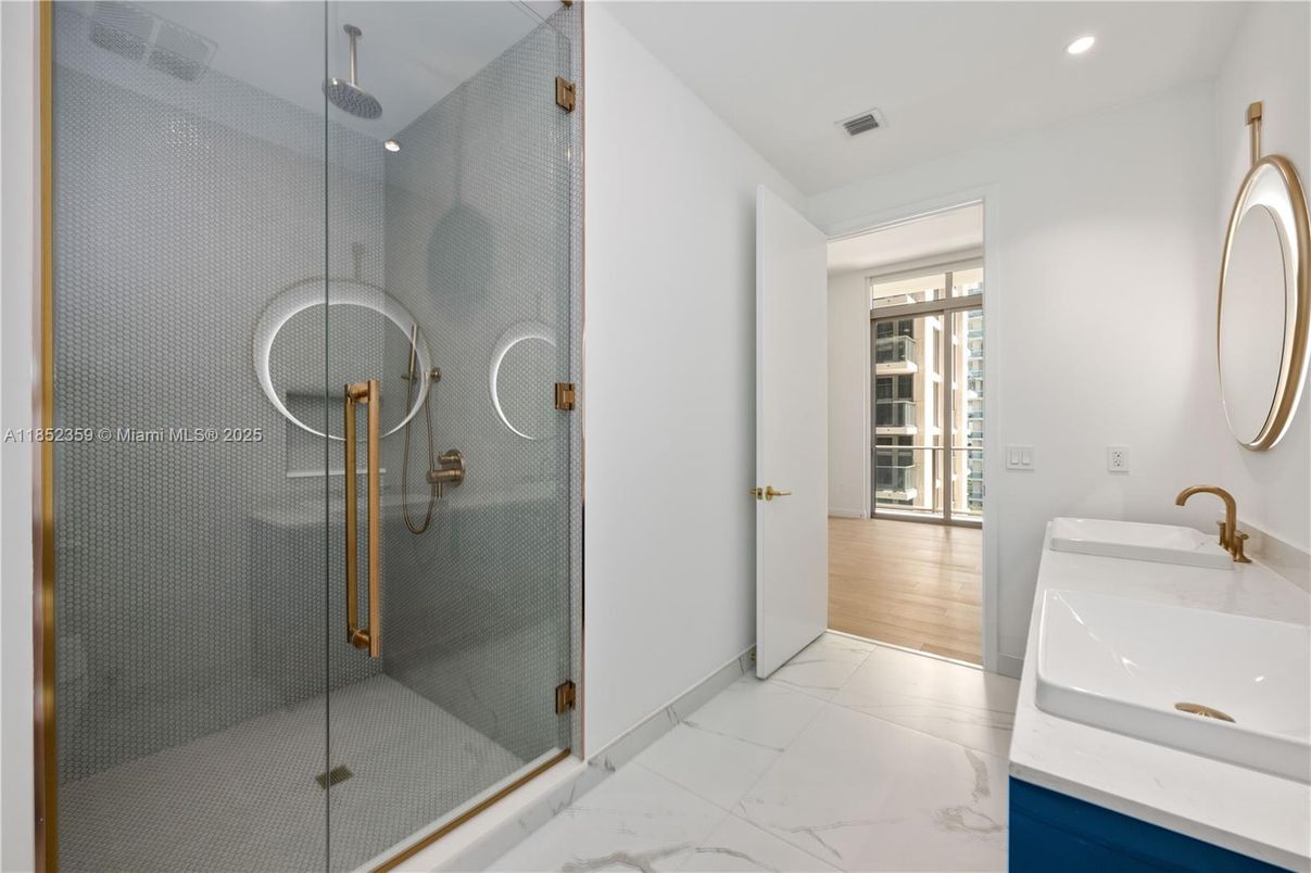 Bathroom, Glass Shower, Interior, Marble, Recessed Lighting, Wood Texture Flooring