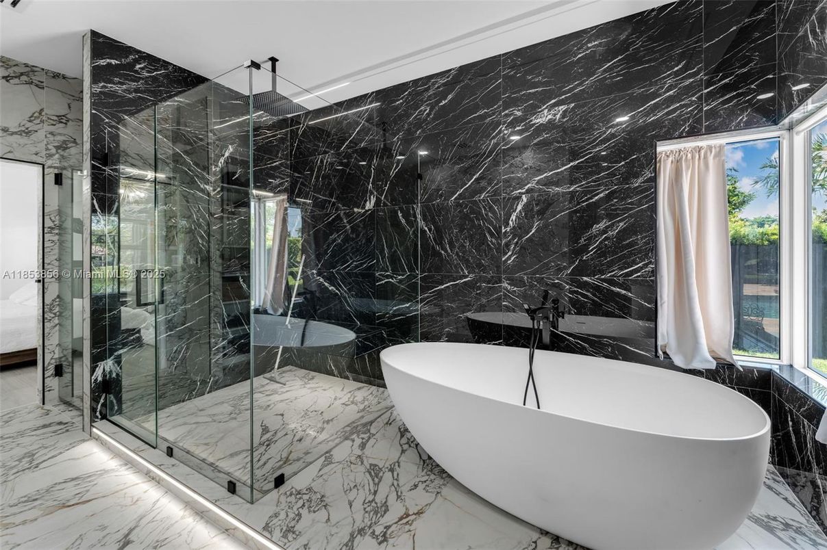 Bathroom, Free Standing Baths, Glass Shower, Interior, Marble, Marble Walls