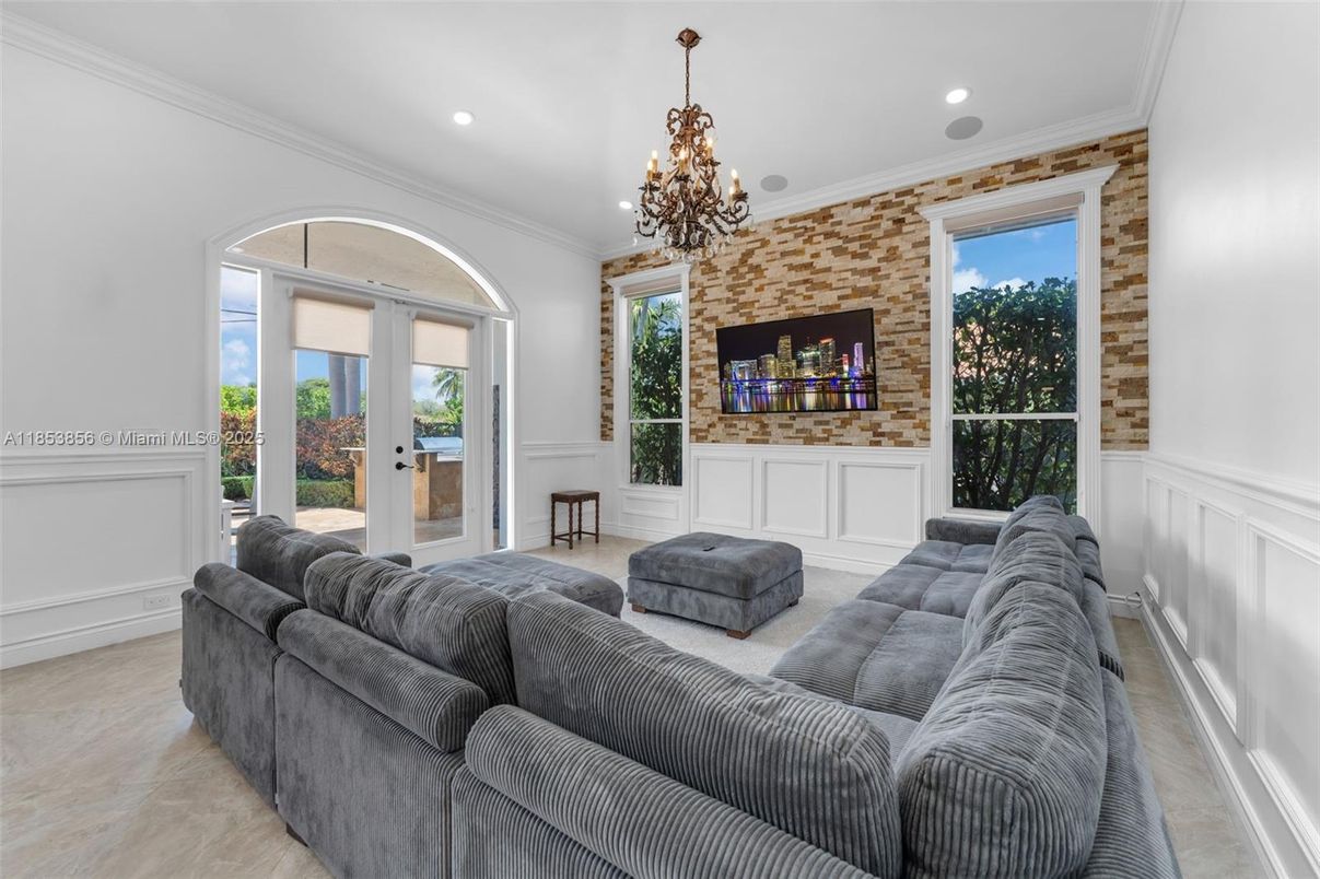 Chandelier, Interior, Living room, Recessed Lighting, Stone Walls