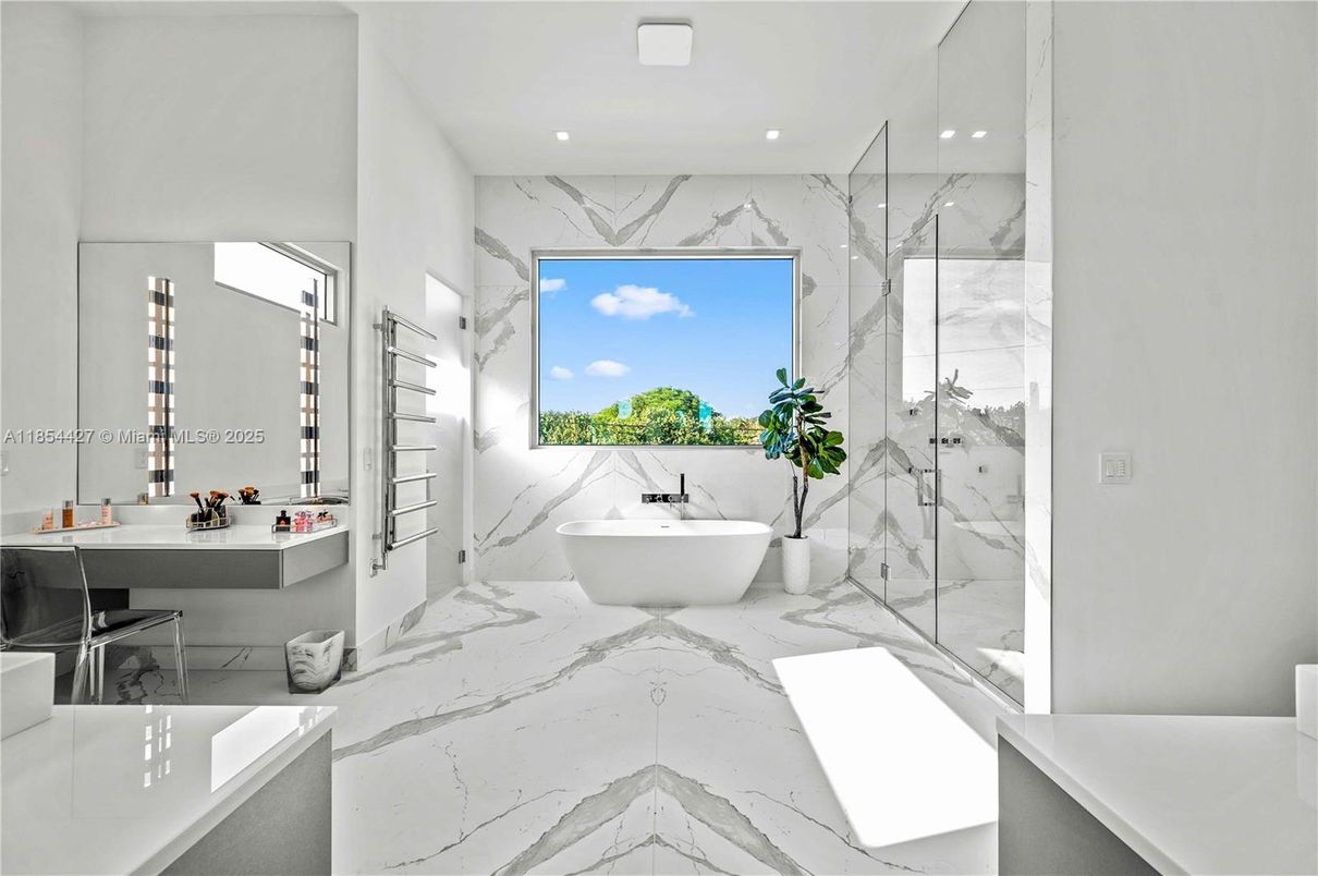 Bathroom, Free Standing Baths, Glass Shower, Interior, Marble, Marble Walls, Recessed Lighting