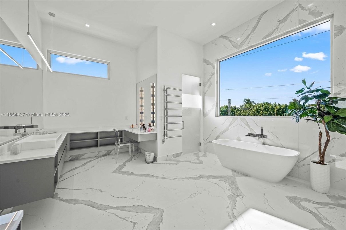 Bathroom, Free Standing Baths, Interior, Marble, Marble Walls, Recessed Lighting