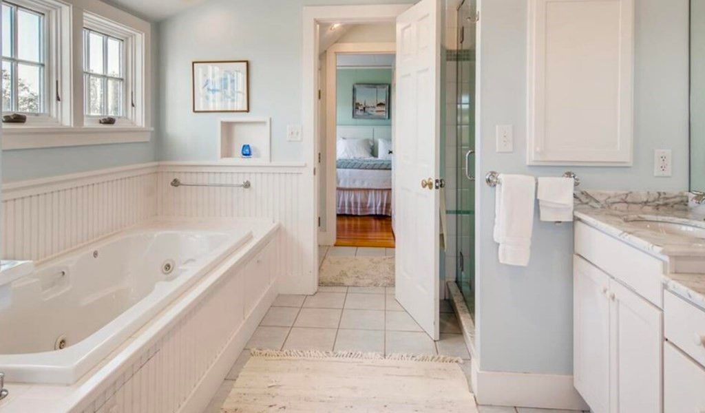 Bathroom, Bedroom, Glass Shower, Interior, Marble, Recessed Lighting, Wood Texture Flooring