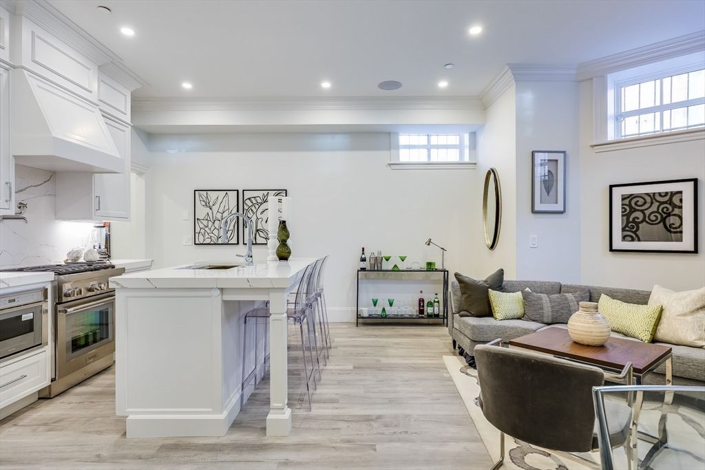 Interior, Kitchen, Living room, Recessed Lighting, Stainless Steel Appliances, Wood Texture Flooring