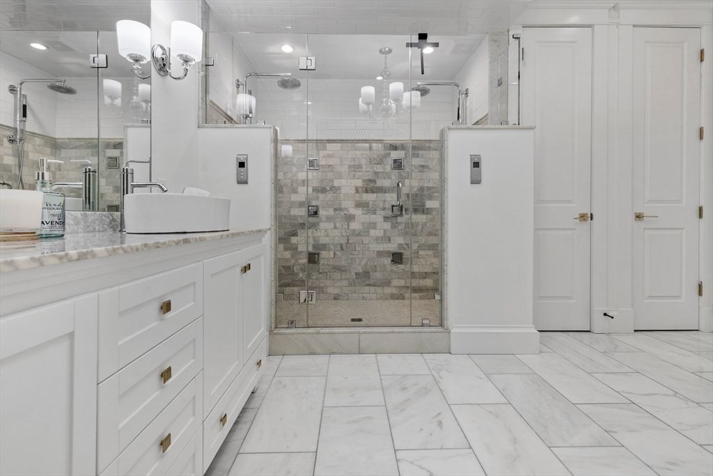 Bathroom, Dual Sink Vanities, Glass Shower, Interior, Marble, Recessed Lighting