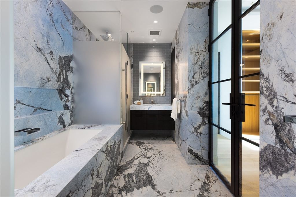 Bathroom, Dual Sink Vanities, Interior, Marble, Marble Walls, Recessed Lighting