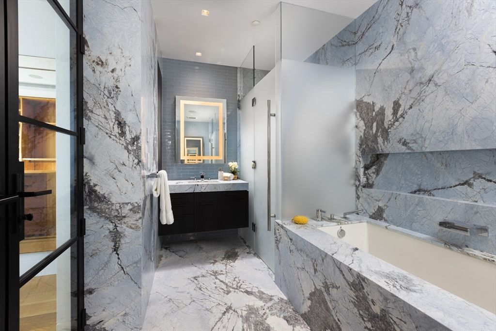 Bathroom, Interior, Marble, Marble Walls, Recessed Lighting