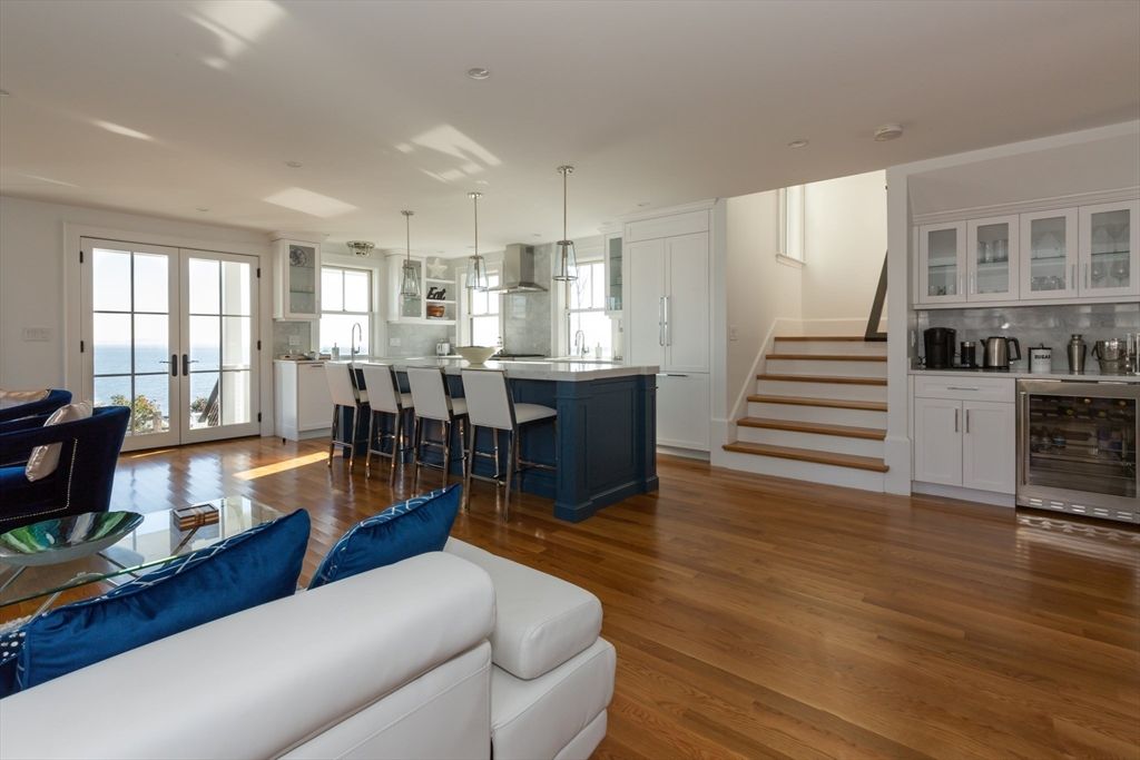 Interior, Kitchen, Living room, Pendant Lights, Recessed Lighting, Stainless Steel Appliances, Water, Wood Texture Flooring