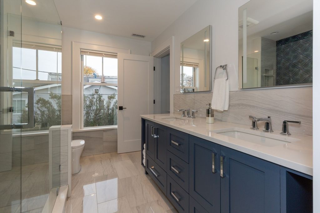 Bathroom, Dual Sink Vanities, Glass Shower, Interior, Recessed Lighting