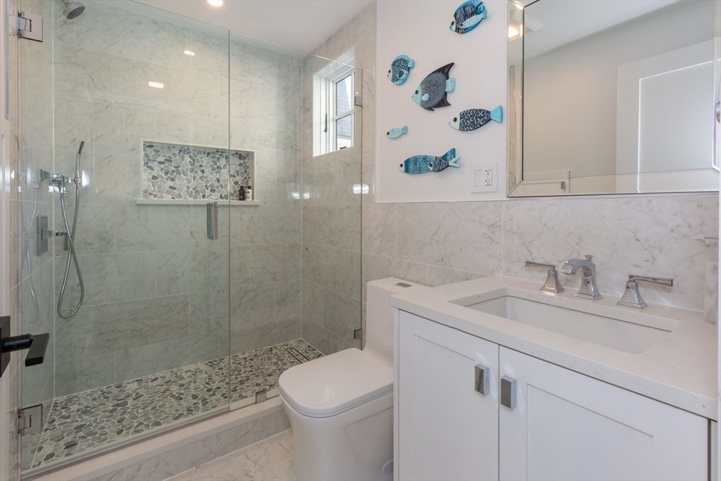 Bathroom, Glass Shower, Interior, Marble Walls, Recessed Lighting