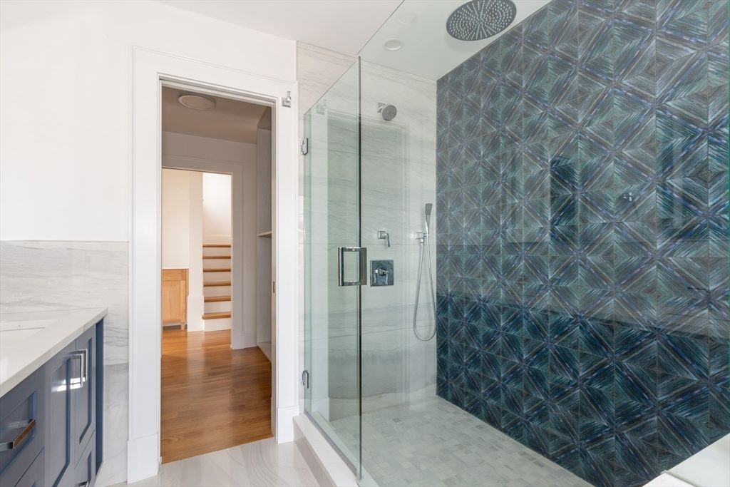 Bathroom, Glass Shower, Interior, Recessed Lighting, Wood Texture Flooring