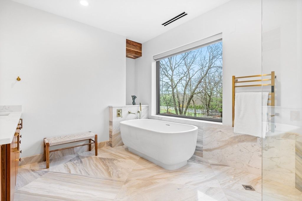 Bathroom, Free Standing Baths, Glass Shower, Interior, Marble, Recessed Lighting