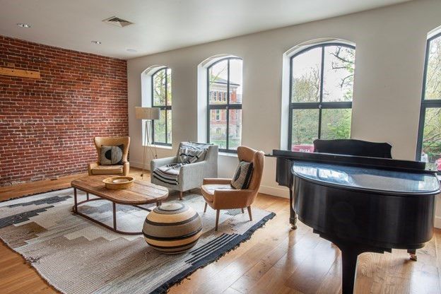 Interior, Living room, Piano, Recessed Lighting, Stone Walls, Wood Texture Flooring