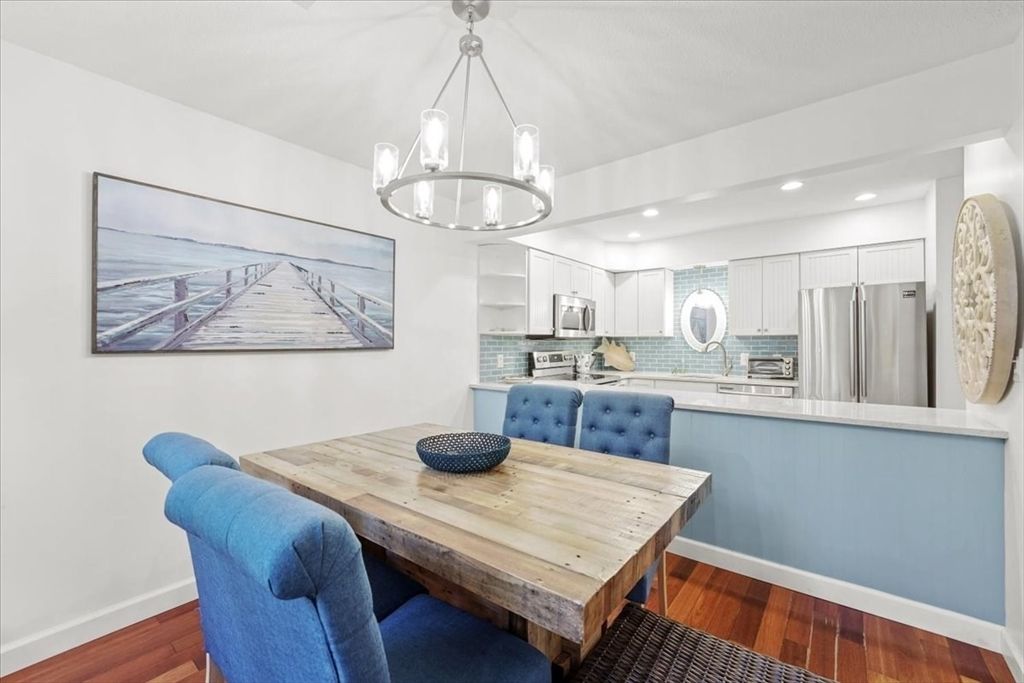 Dining room, Interior, Kitchen, Pendant Lights, Recessed Lighting, Stainless Steel Appliances, Wood Texture Flooring